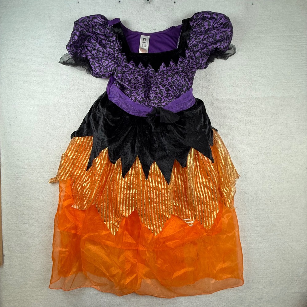 Ikali Girls Witch Pumpkin Costume Purple Orange Skull Print Dress Size 9-10Y
